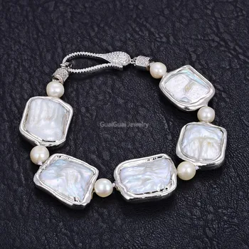 

GuaiGuai Jewelry 8" White Square Keshi Pearl White Gold plated Bracelet