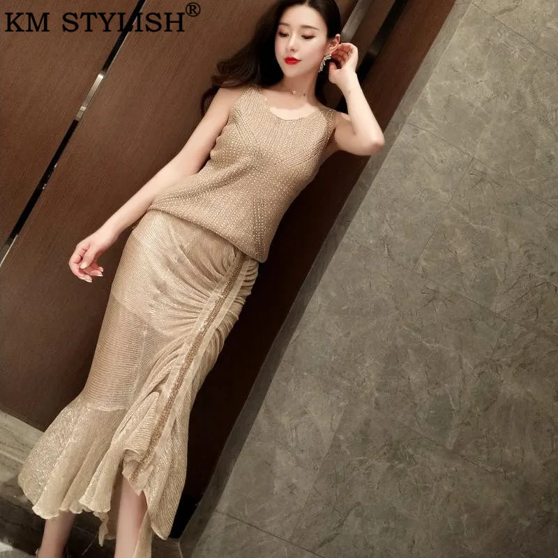 Км стильная женская длинная юбка-годе, гофрированная бисером, блестящая Корейская женская юбка в бедрах, яркая шелковая сетчатая юбка, облегающая