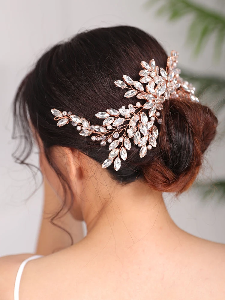 Rose Gold Headpieces Rhinestone Hair Comb Tiara Wedding Hairstyles Jewellery Bridal Hair Accessories For Women