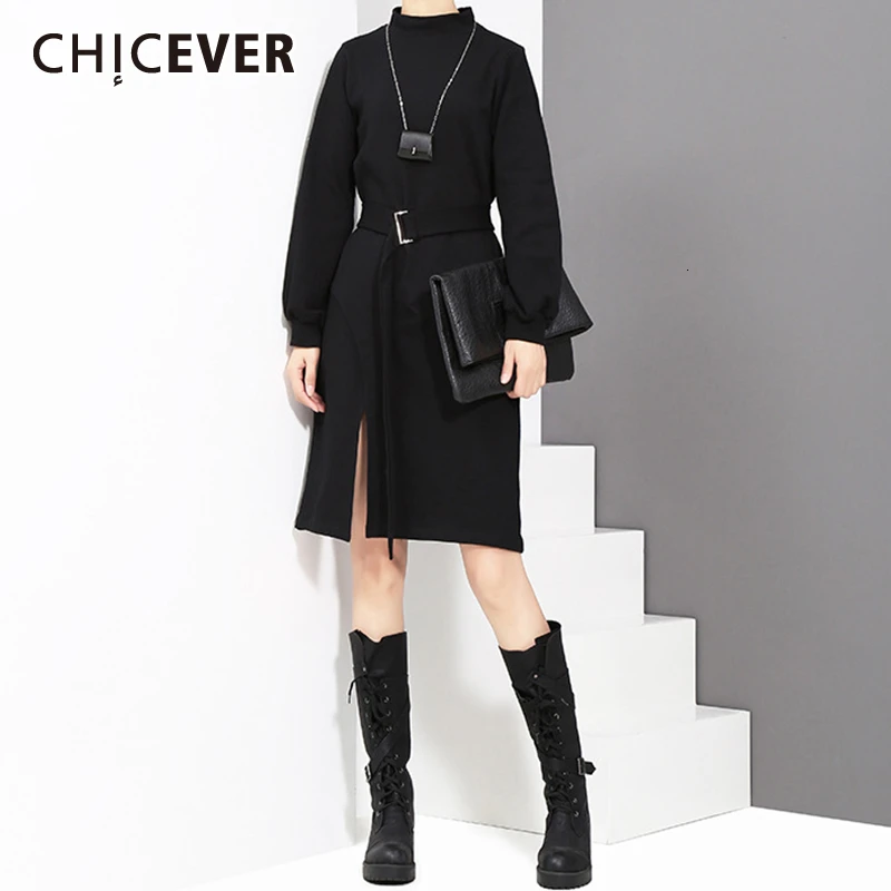 CHICEVER Korean Casual Women's Dress Stand Collar Lantern Long Sleeve High Waist With Sashes Side Split Mini Female Dresses 2020 | Женская