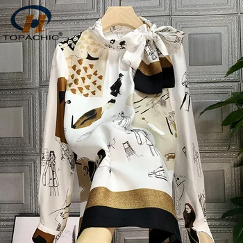 

4.16 2020 Spring Summer New Women Silk Shirt Stand Collar Bow Decoration Print Graffiti Pattern Elegant Blouse
