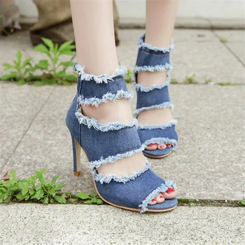 

Women's Summer Denim Sandals 2020 European And American Personality Fish Mouth Fashion Stiletto Heels Party Casual Zipper