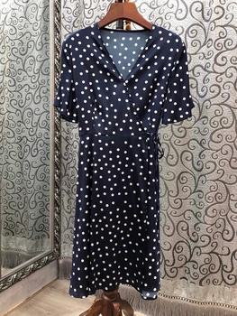 

2020 Spring and Summer New Women's V-neck Small Wave Point Printed Pattern Decorative Short-Sleeve Dress 708