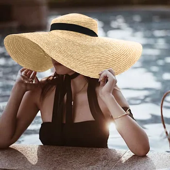 

Women Natural Wheat Straw Hat Ribbon Tie Boater Hat Derby Beach Sun Hat Lady Summer Wide Brim UV Protect larger Artistic Hat #L5
