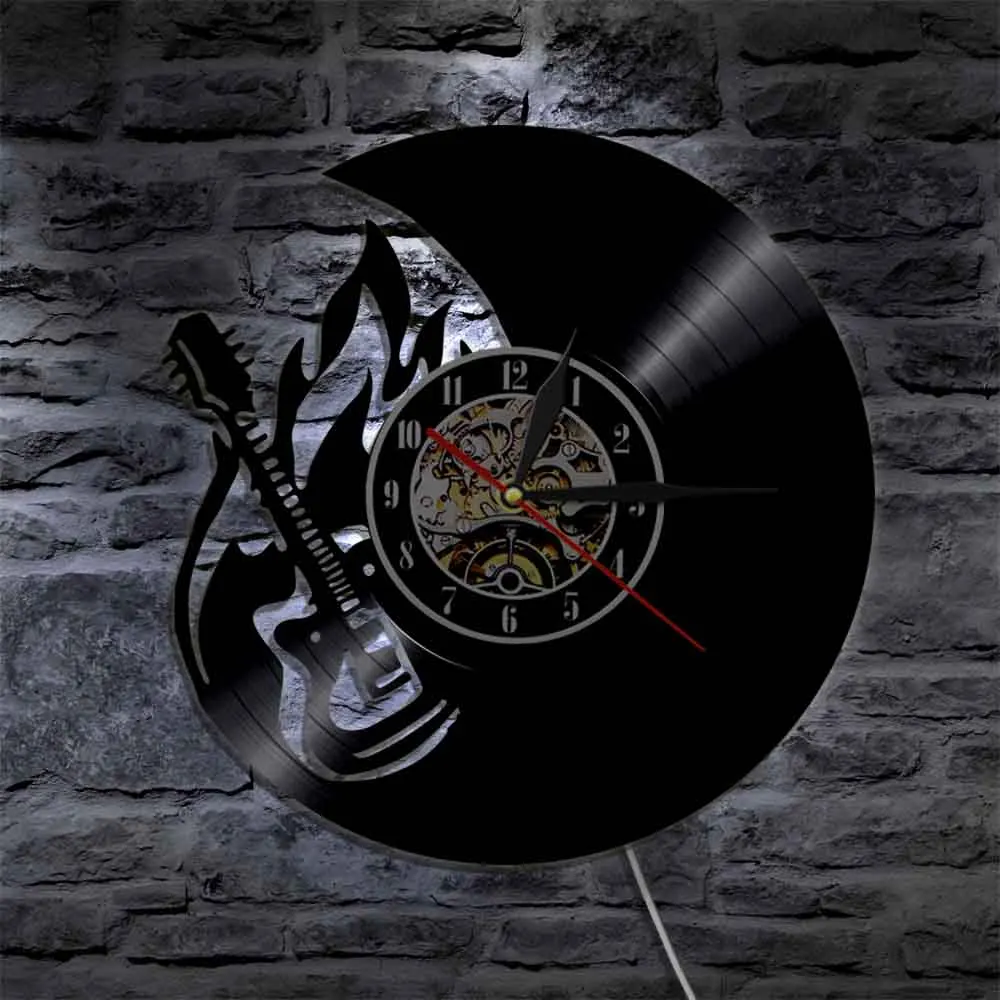 Рок-н-ролл огненная гитара настенные часы домашний декор пламенная гитара Виниловая пластинка часы рок-группа музыкальный вентилятор гитарный проигрыватель идея подарка