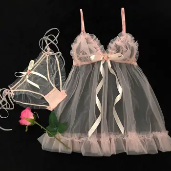 

Fairy Peach Girl Cute Sexy Lingerie Chiffon V-neck Perspective Nightdress Underwear Pink Sleepwear Set Lenceria Sleep Dress