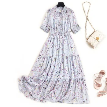 

2020 Summer Floral Printed fashion Fresh Sky Blue Chiffon With Lace Up Neckline Bow Tie Plus Size Elastic Waist Ruffles Dress