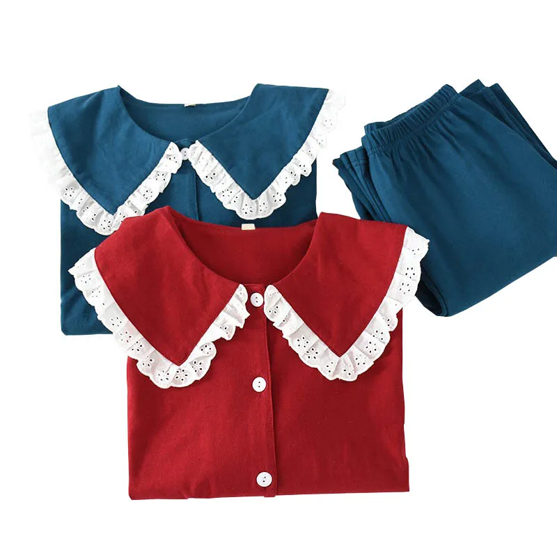 

Doll Collar Cotton Pajamas Set Women Sweet Cute Solid Color Lace Sleepwear Loose Soft Ladies Homewear For Spring And Autumn