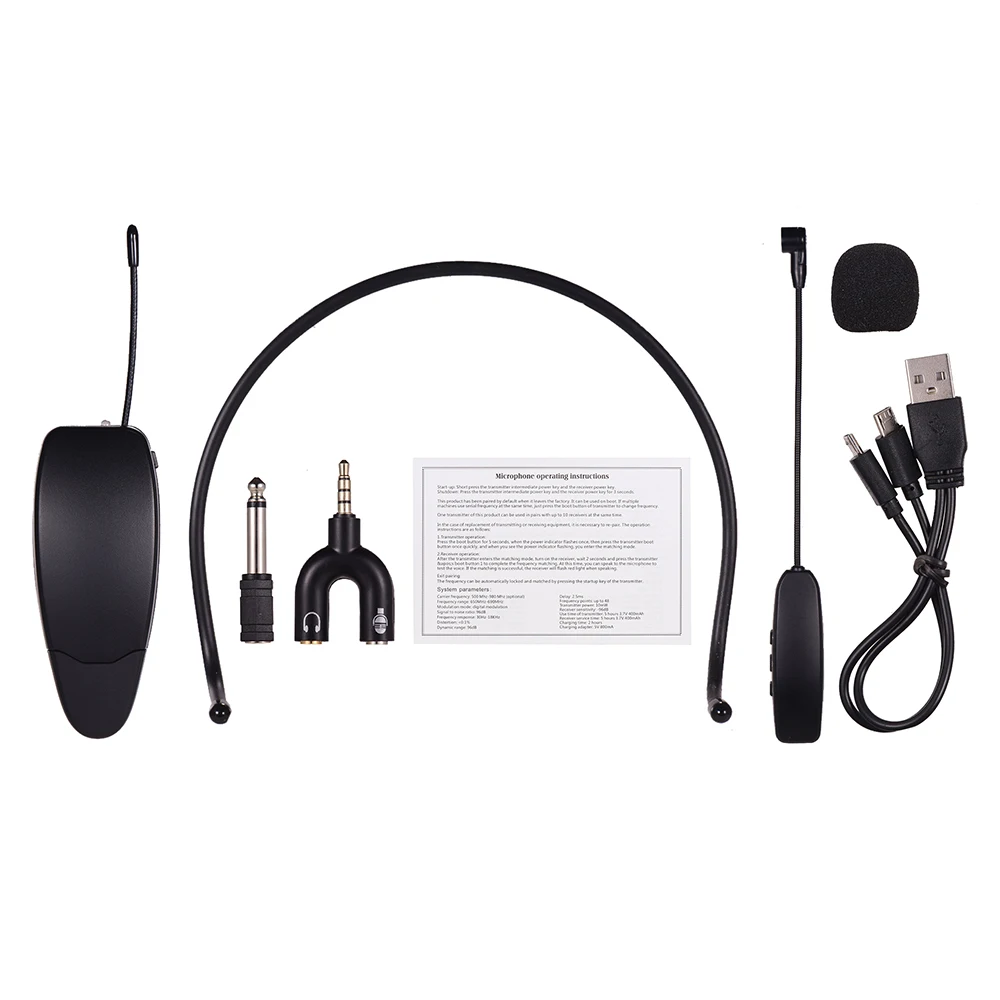 Portable 2.4G Wireless Microphone Mic System with Headset Microphone+ 3.5mm Plug Receiver Built-in Rechargeable Battery