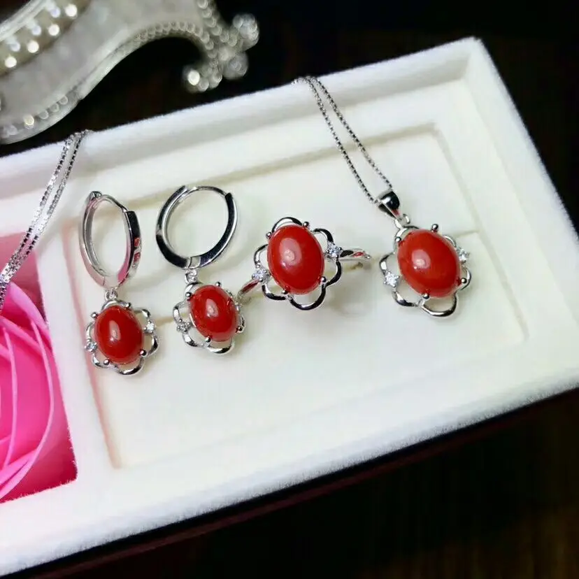 

MeiBaPJ Natural Red Coral Gemstone 925 Pure Silver Earrings Ring Pendant Necklace 3 Suits Fine Wedding Jewelry Sets for Women