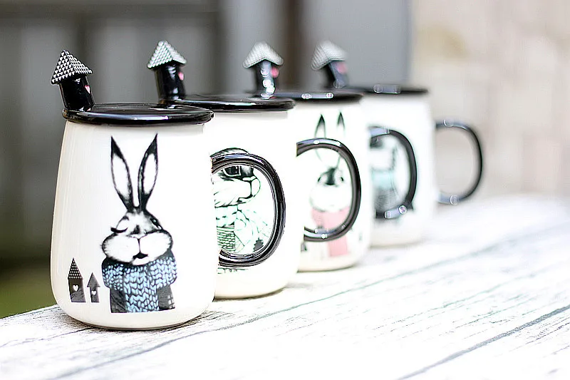 Кружка с рисунком кролика из мультфильма с крышкой-ложкой, креативная фарфоровая кофейная латте кружка с принтом чайная чашка керамическая чайная чашка посуда для воды