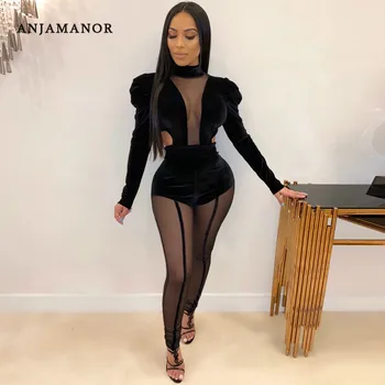 

ANJAMANOR Sheer Mesh Velvet Sexy Two Piece Set Puff Sleeve Bodysuit and Pants Matching Sets Parties Club Ladies Outfits D42-AE12