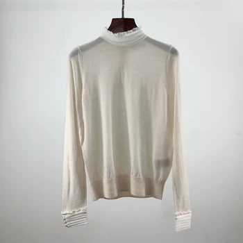 

2019 fall and winter temperament lace stitching ruffles collar folded sleeve women knitted top