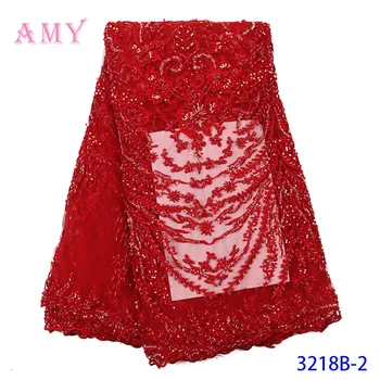 

Latest Red Tulle Lace Fabric High Quality Europe And American Fashion Fabric With Beads Stone French Lace Fabrics AMY3128B