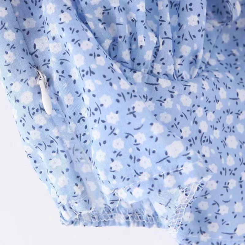 Women blouse chiffon vintage ruffle ladies tops streetwear puff sleeve top elegant floral clothes blue robe vestido vintage top