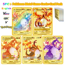 

5PCS Anime Pokémon Board Game Super Game Props Metal Gold Card Children Toy Battle English Collection Card Christma Gift For Kid