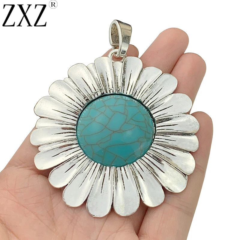 ZXZ 2 pezzi argento tibetano grande girasole e finta pietra turchese pendenti con ciondoli per collana accessori per gioielli