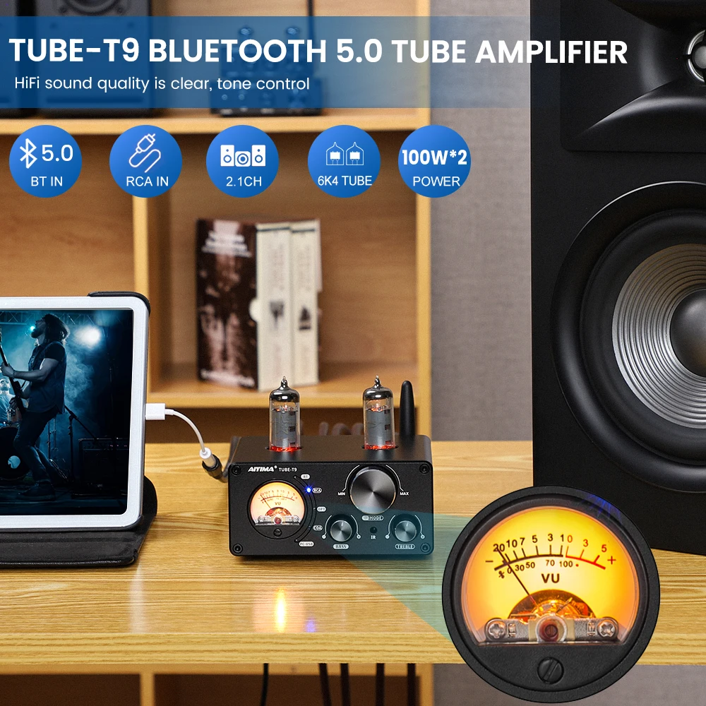 Tubo de Vácuo Áudio em Casa Digital com Medidor Aiyima Áudio Bluetooth Amplificador Usb Dac Receptor Estéreo Coaxial - Optar Alta Fidelidade vu 100w t9 5.0 - Image 6