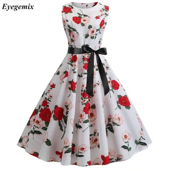 

Floral Print Summer Dress 2019 Sleeveless Tunic 50s Women Vintage Dress Belt Casual Elegant Rockabilly Party Dresses Sundress