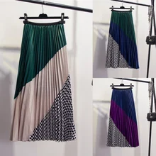 Сезон весна-лето; Новинка; контрастная цветная мозаичная клетчатая длинная юбка в складку; женская юбка; faldas mujer moda jupe