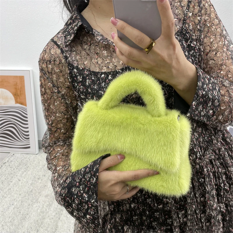 Female Mink Leather Solid Color Plush Casual Lady Handbag Shoulder Fashion Exquisite Shopping Bag_voghion.com