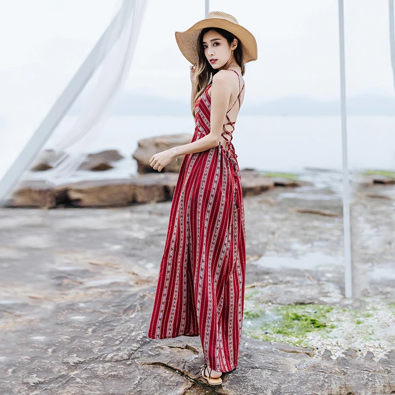 

2019 Summer New Thailand Holiday Vintage Bohemia Strap Open Halter Split Dress