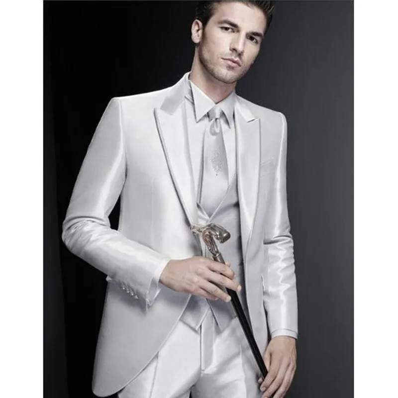 

Silver Grooms Tuxedos Peaked Lapel Wedding Suits Three Piece For Prom Two Button Groomsmen Suit( jacket+Pants+vest) A102
