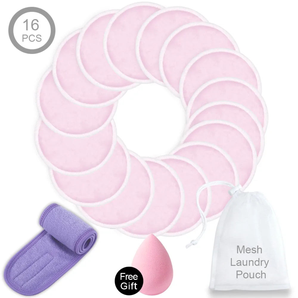 16Pink and Headband Средство для снятия макияжа моющиеся ватные диски многоразовые салфетки для лица и мытья лица/спа/ресниц Мягкая лента для волос для нанесения макияжа с сумкой для стирки - Цвет: 16Pink and Headband