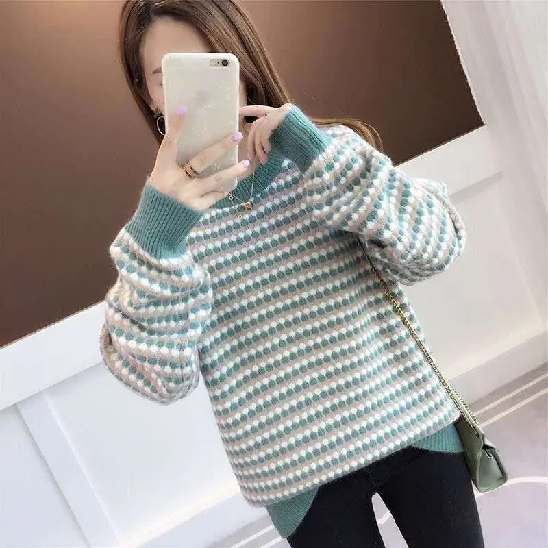 

Spring and Autumn Sweater female 2020 new round neck thickened sweater loose striped dot student base top