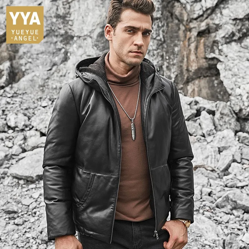 Winter Men Hoody Sheepskin Genuine Leather Down Jacket Motorcycle