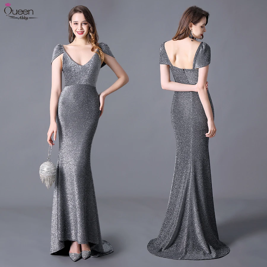 

Dark Gray Sequined Mermaid Evening Dresses Long Queen Abby Sweep train V-Neck Short Sleeve Women Formal Party Gowns Abendkleider