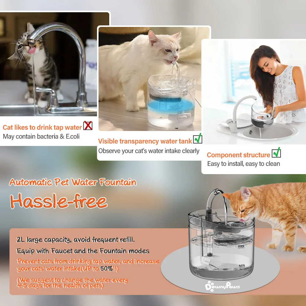 DownyPaws 2L Automatic Cat Water Fountain With Faucet Dog Water Dispenser Transparent Filter Drinker Pet Sensor Drinking Feeder