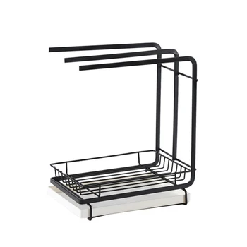 

Stainless Steel Organizer Sponge Holder Wall Mounted With Drain Pan Kicthen Sink Brush Soap Black Desktop Easy Clean Storage