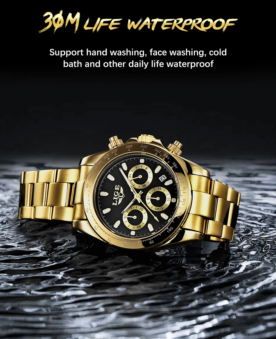 2022 LIGE Military Sport Mens Watches Top Brand Luxury Gold Quartz Watch For Men Stainless Steel Waterproof Clock Men's Watch