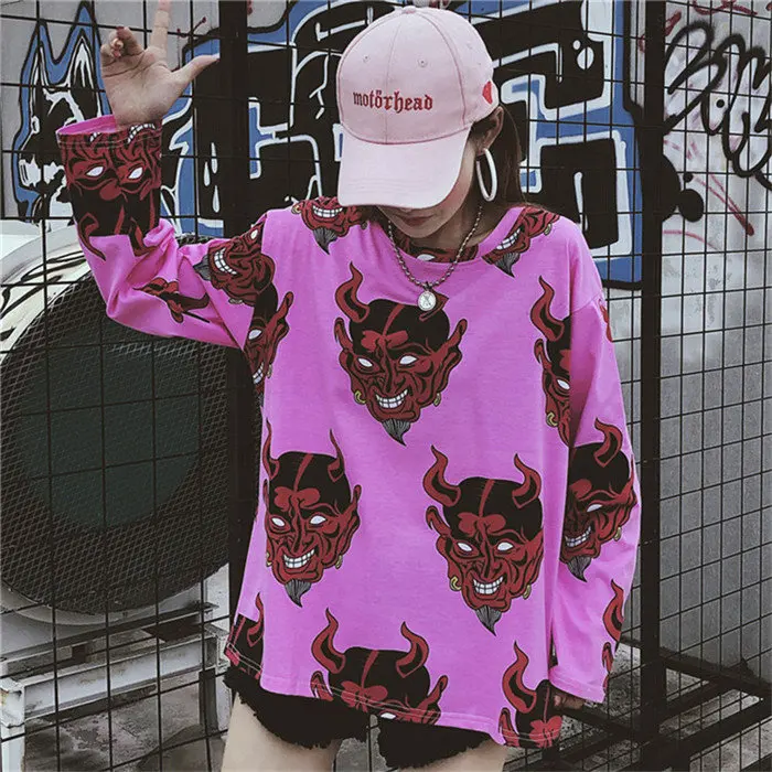 Новая модная женская рубашка в японском стиле Харадзюку, с принтом дьявола, короткий рукав, свободный летний топ, блуза, уличная одежда, повседневные рубашки унисекс - Цвет: Pink T-shirt