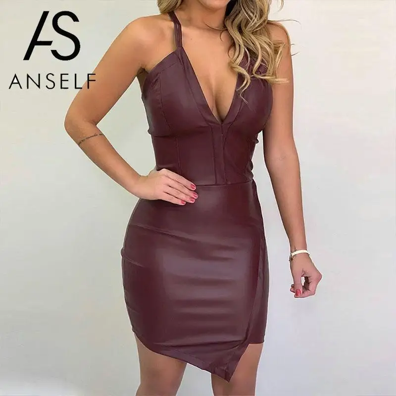

ANSELF Fashion Bodycon Dress Women PU Leather Dress V Neck Spaghetti Strap Cross Bandage Backless Party Club Mini Dress female