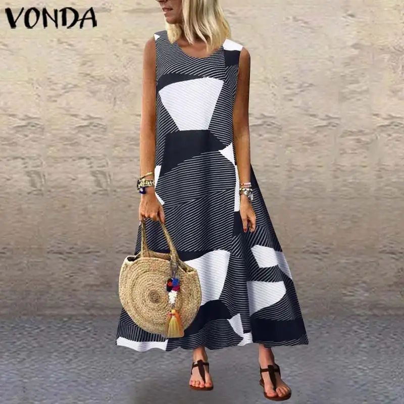 VONDA Summer Dress Women Vintage Dress Casual Women Vintage Print Floral Party Dress Sleeveless