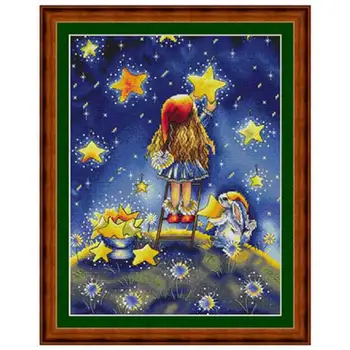 

Girl picking stars patterns Counted Cross Stitch 11CT 14CT 18CT DIY Cross Stitch Kits Embroidery Needlework Sets home decor