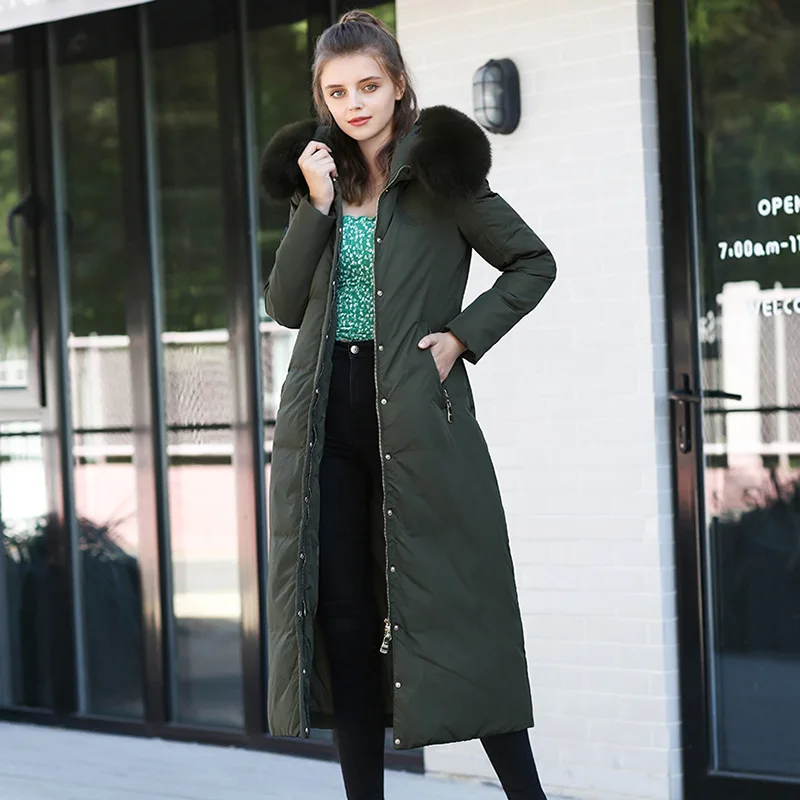 Winter Down Jacket Women Fox Fur Collar 90% White Duck Down Luxury Hooded Slim X-Long Thick Warm Down Coat