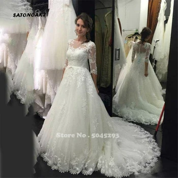 

2020 Boho Wedding Dresses A-Line Illusion 3/4 Sleeves Sheer Princess Bridal Gown Court Train Bride Vestido De Noiva Online Shop