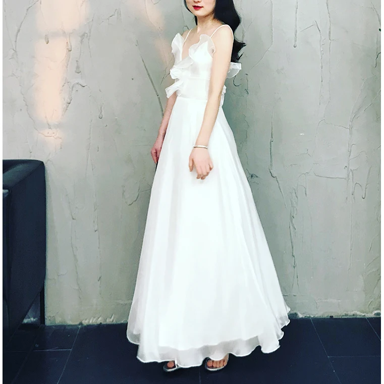 

Sexy White Summer Long Maxi Dress Elegant Organza A-line Ruffle 2019 Pretty Bridesmaid For Wedding Party Guest Dress