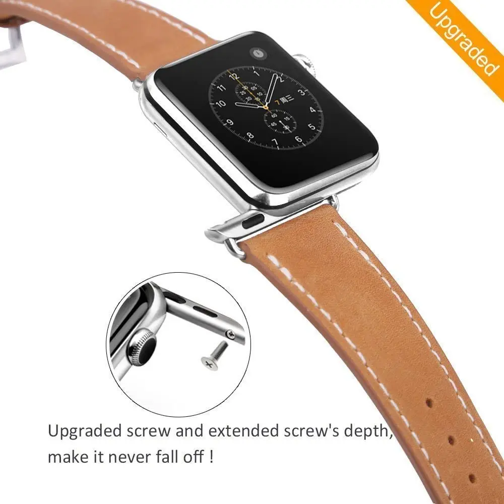 

Genuine Leather Replacement Band Compatible with Apple Watch Series 5 4 (40mm) Series 3 2 1 (38mm), Brown Band+ Silver Adapter