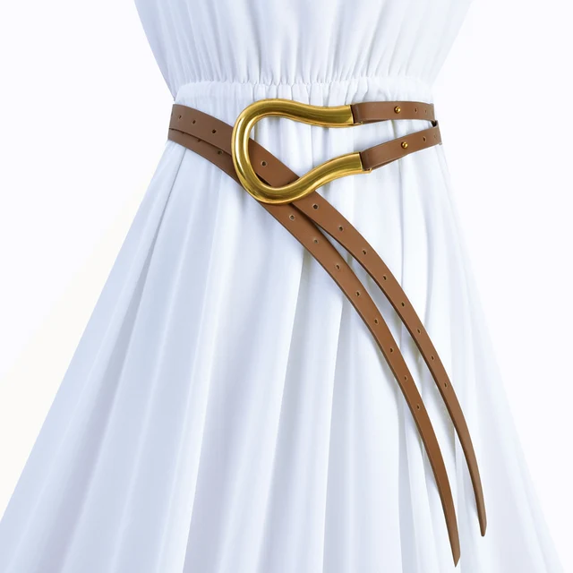 Newest fashion soft faux leather belts personality big alloy buckle thin double layer waistbands shirt knotted belt long straps brown color