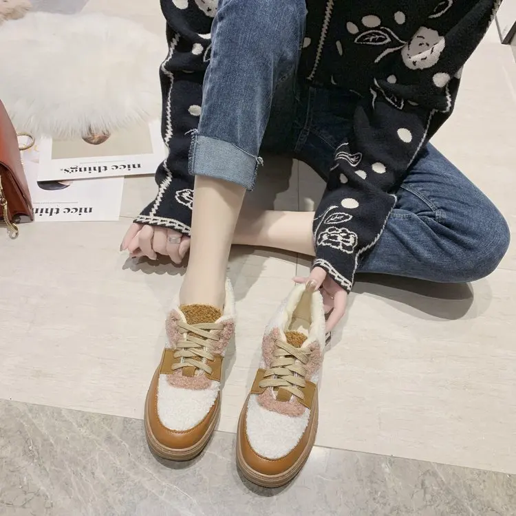 

Graceful Panda Teddy Mixed Colors Fluffy Shoes Women's Outer Wear Lace-up plus Velvet Thick Bottomed Cotton-padded Shoes Lambs W
