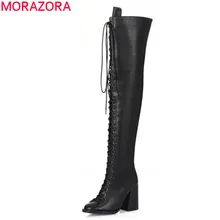 MORAZORA г. Новое поступление, ботфорты женская обувь на шнуровке на Высоком толстом каблуке с круглым носком женские ботинки черного цвета из pu искусственной кожи