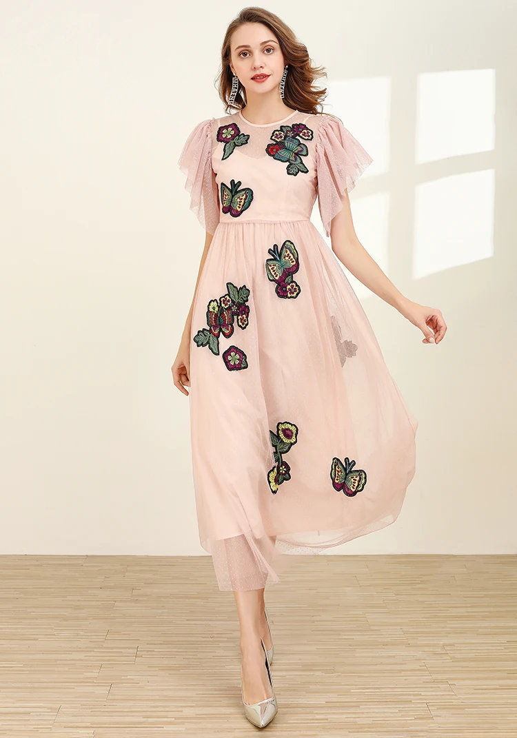 MoaaYina, модное дизайнерское платье, весна-лето, женское платье с расклешенными рукавами, Сетчатое платье с бабочкой и цветочной вышивкой