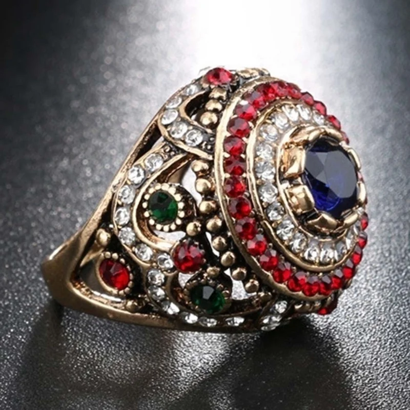 New Arabian Islamic Ethnic Style Bohemian Crystal Inlaid Ring Women's Ring Fashion Metal Crystal Ring Accessories Party Jewelry