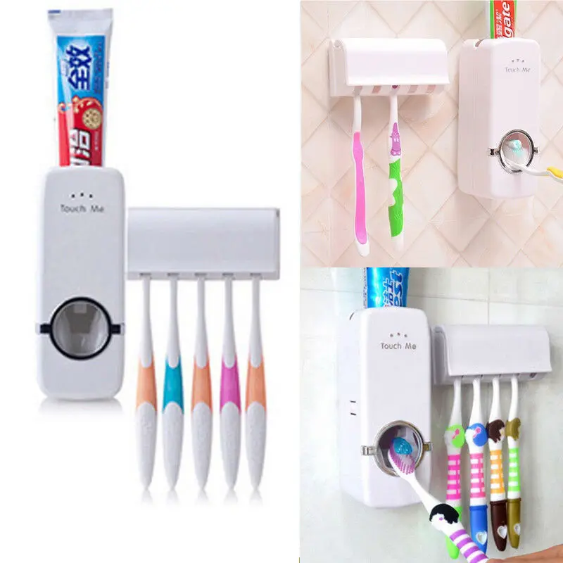 Automatic Toothpaste Dispenser 5 Toothbrush Holder Set Wall Mount Stand Washroom 