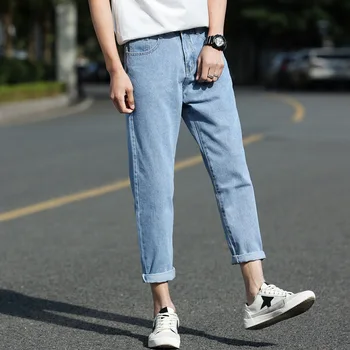 

Fashion Solid Plus Size Jeans Men 2019 Casual Slim Ankle Length Denim Pants Pockets Jean Homme