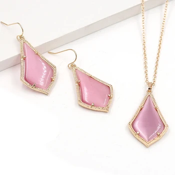 

Pink Cats Eye Stone Inlay Waterdrop Pendant Necklace With Match Set Women Fashion Jewelry Wholesale